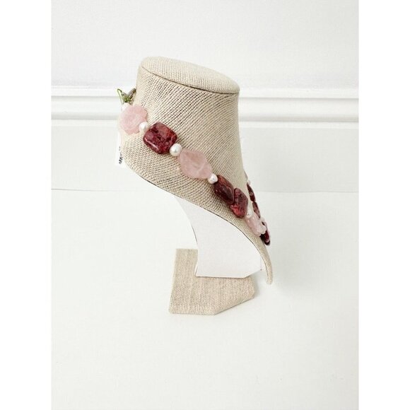 NWT Genuine Maroon Jade, Rose Quartz & Pearls Necklace Carved Flowers Pink White - Picture 3 of 5